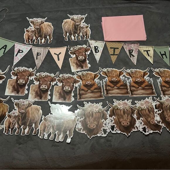 Super Cute Highland Cow Happy Birthday Party Banner/ Decorations - Picture 1 of 5